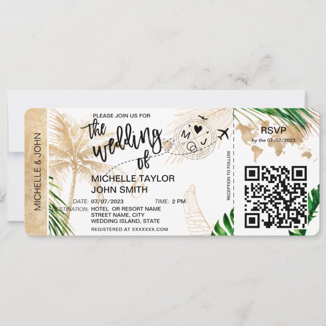 Boarding Pass World Map Island Beach RSVP QR code  Invitation (Front)