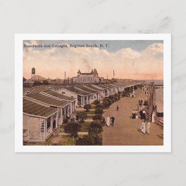 Boardwalk & Cottages, Brighton Beach, NY Vintage Postcard (Front)