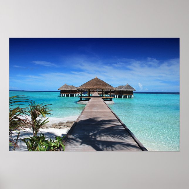 Boardwalk, Dock to Cabanas, Beach, Ocean, Maldives Poster (Front)