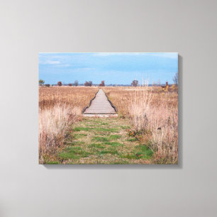 boardwalk through prairie at necedah canvas print