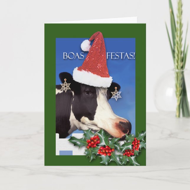 Boas Festas, Christmas in Portuguese, Funny Cow Holiday Card (Front)