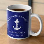 Boat Anchor Navy Blue Personalized Coffee Mug<br><div class="desc">A chic modern nautical-themed mug for your boat that features a white anchor on a navy blue background. You can personalize the "Welcome Aboard" text and your boat's name and location in elegant white typography.</div>