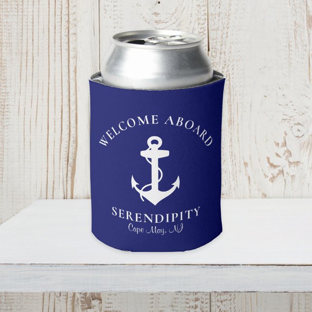 Boat Anchor Navy Blue Personalized Name Can Cooler (Creator Uploaded)
