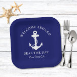 Boat Anchor Navy Blue Personalized Paper Plate<br><div class="desc">Modern nautical-themed paper plates for your boat that feature a white illustration of an anchor on a dark navy blue background. Personalize the "Welcome Aboard" text and your boat's name and location in elegant white typography.</div>