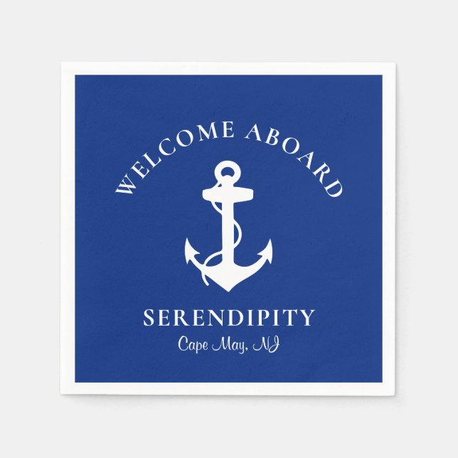 Boat Anchor Navy Blue Personalized Welcome Aboard Napkin (Front)