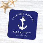 Boat Anchor Navy Personalized Square Paper Coaster<br><div class="desc">Chic and modern nautical-themed coasters for your boat's guests that feature a white illustration of an anchor on a navy blue background. You can personalize the "Welcome Aboard" text and your boat's name and location in elegant white typography.</div>