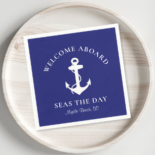 Boat Anchor Personalized Welcome Aboard Navy Blue Napkin