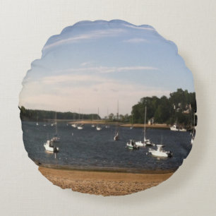 BOAT AND BEACH SCENE ROUND PILLOW