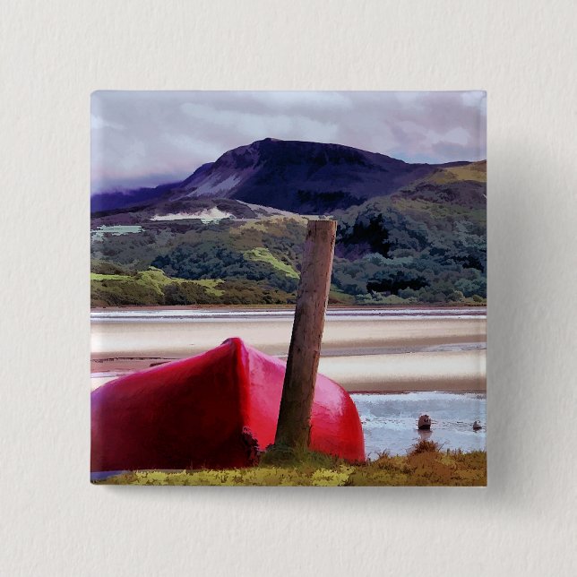 BOAT AND MOUNTAIN LANDSCAPE 2 INCH SQUARE BUTTON (Front)