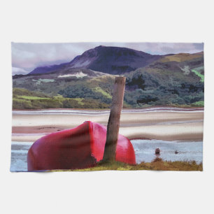 BOAT AND MOUNTAIN LANDSCAPE KITCHEN TOWEL