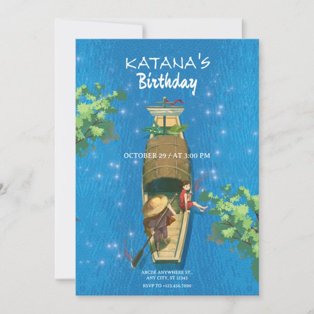 Boat anime summer adventure blue water invitation (Front)