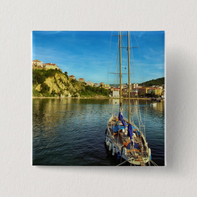 Boat Approaching Shore | Agropoli 2 Inch Square Button (Front)