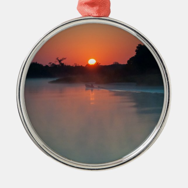 Boat At Sunrise On The River Metal Ornament (Front)