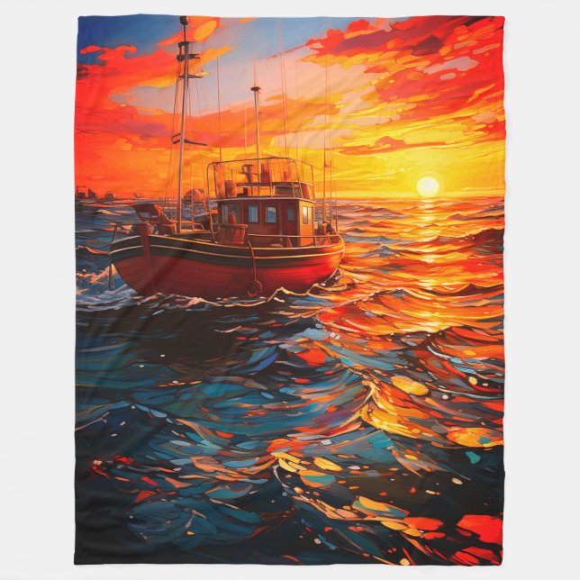 Boat at Sunset Fleece Blanket (Front)