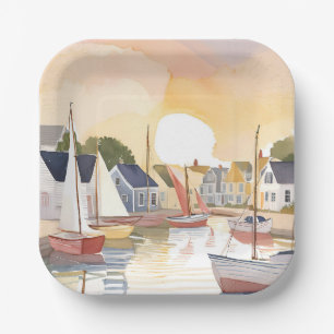 Boat Bay   Coastal Ocean Watercolor Painting Paper Plate