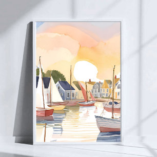 Boat Bay   Coastal Ocean Watercolor Painting Poster