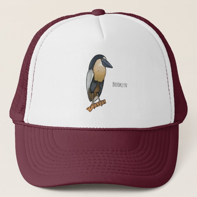 Boat-billed heron bird cartoon illustration trucker hat (Front)