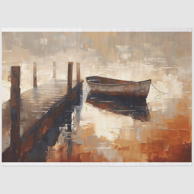 Boat by the Pier Earth Tone Painting Decoupage Tissue Paper (Front)