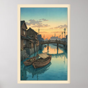 Boat Canal Wall Art Hasui Kawase Dusk Scene (Blue