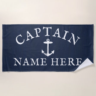 Boat Captain Name Nautical Anchor Navy Blue Beach Towel