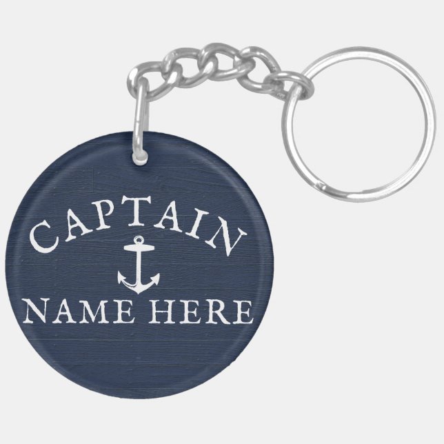 Boat Captain Name Nautical Anchor Navy Blue Keychain (Back Right)