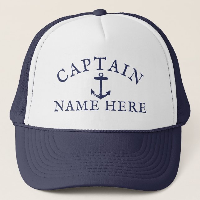 Boat Captain Name Nautical Anchor Navy Blue Trucker Hat (Front)
