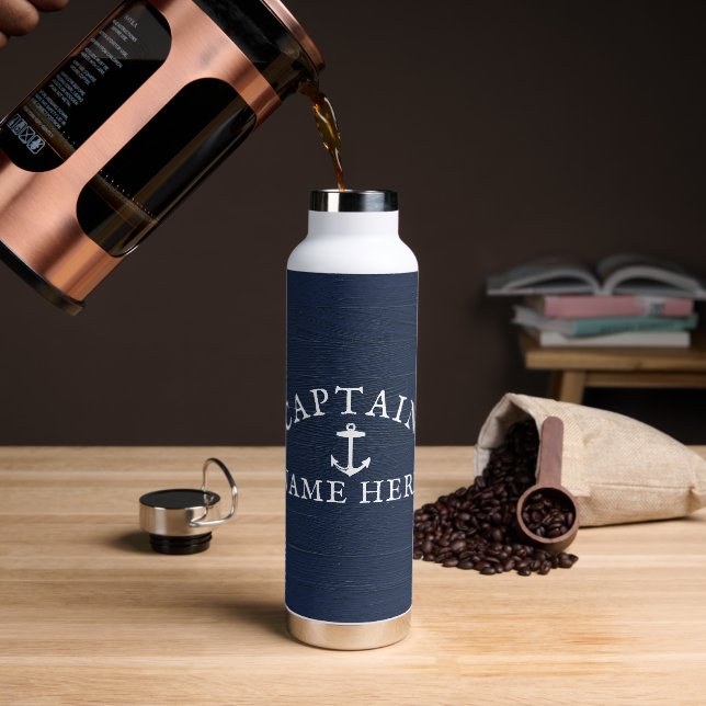 Boat Captain Name Nautical Anchor Navy Blue Water Bottle (Coffee)