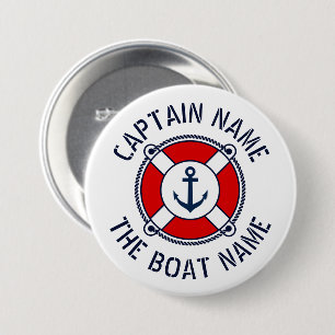 Boat captain name red lifebuoy life saver lifebelt 3 inch round button