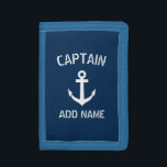 Boat captain navy blue nautical anchor custom mens tri-fold wallet<br><div class="desc">Custom navy blue and white nautical anchor boat captain money wallet for men. Personalized accessory with ship anchor logo. Maritime accessories for sailor and sailing enthusiasts. Customizable colour. Cool Christmas, Fathers Day, Wedding or Birthday party gift for friends, son, dad, father, husband, brother, uncle, grandpa, wedding groom etc. Make your...</div>