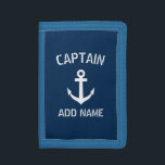Boat captain navy blue nautical anchor custom mens tri-fold wallet<br><div class="desc">Custom navy blue and white nautical anchor boat captain money wallet for men. Personalized accessory with ship anchor logo. Maritime accessories for sailor and sailing enthusiasts. Customizable colour. Cool Christmas, Fathers Day, Wedding or Birthday party gift for friends, son, dad, father, husband, brother, uncle, grandpa, wedding groom etc. Make your...</div>