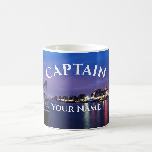 Boat captain on illuminated harbour background coffee mug (Center)