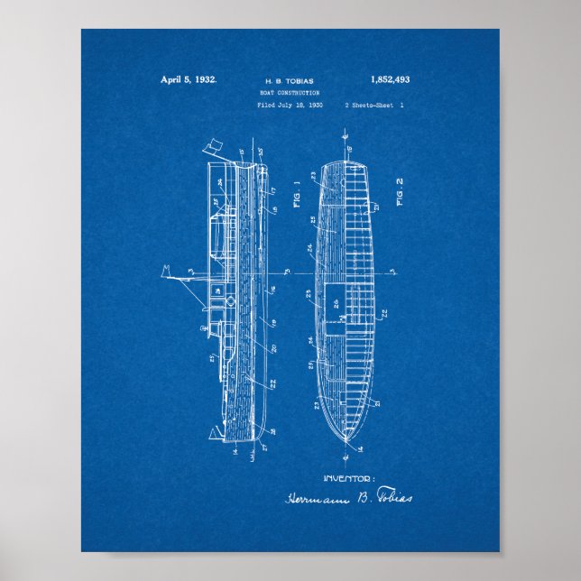 Boat Construction Patent - Blueprint Poster (Front)