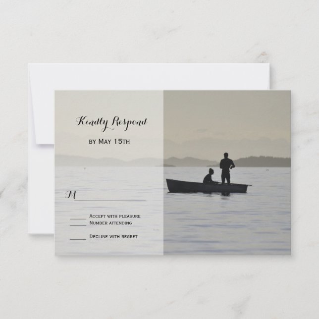 Boat & Couple Silhouette Lake Wedding RSVP Cards (Front)