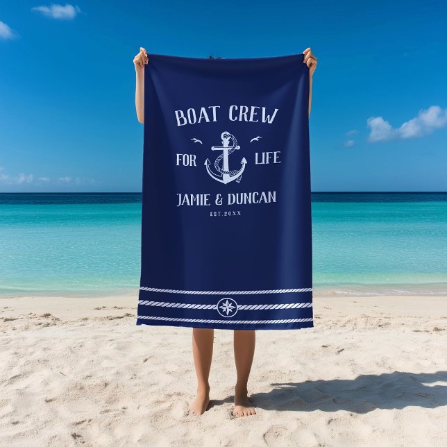 Boat Crew For Life Nautical Modern Custom Name Beach Towel (Creator Uploaded)