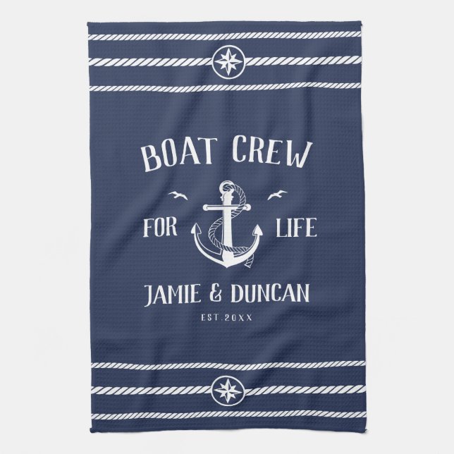 Boat Crew For Life Nautical Modern Custom Name Kitchen Towel (Vertical)