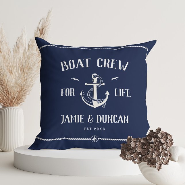 Boat Crew For Life Nautical Modern Custom Name Throw Pillow (Great gift for boat lovers for Valentine's day, newlyweds, weddings)