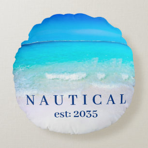 Boat Decor Ocean Sea Blue Round Pillow