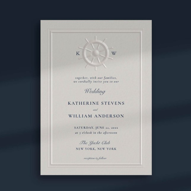 Boat Helm Faux Embossed Modern Classic Wedding Invitation (nautical beach yacht coastal ocean wedding invitation faux embossed boat helm pearl modern classic)