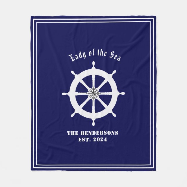 Boat helm with compass rose Customizable Navy blue Fleece Blanket (Front)