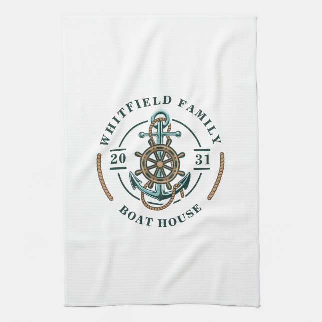 Boat House Anchor Boat Wheel Year Est Personalized Kitchen Towel (Vertical)