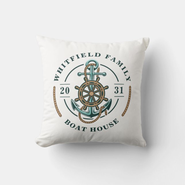 Boat House Anchor Boat Wheel Year Est Personalized Throw Pillow (Front)