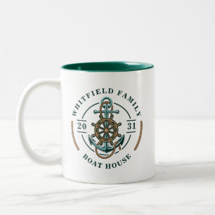 Boat House Anchor Boat Wheel Year Est Personalized Two-Tone Coffee Mug