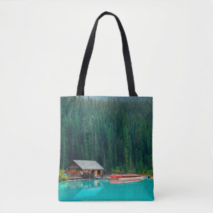 Boat house by Lake Louise in Banff National Park, Tote Bag