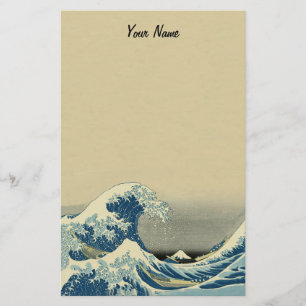 Boat in Big Blue White Ocean Waves on Light Tan Stationery