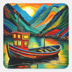 Boat in fjord  17 square sticker