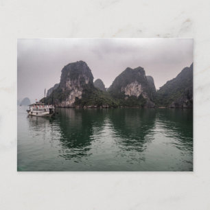 Boat in Misty Halong Bay Rock Islands, Vietnam Postcard