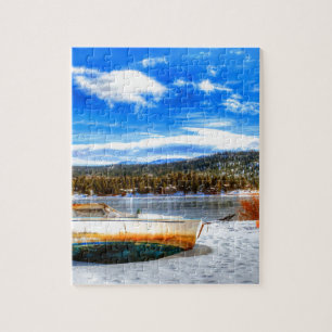 Boat in Snow at Big Bear Lake, California Jigsaw Puzzle
