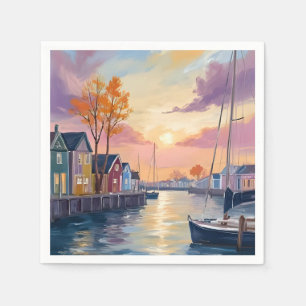 Boat Marina Coastal Bay Watercolor Painting Napkin
