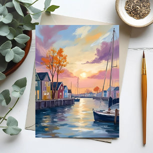 Boat Marina   Coastal Bay Watercolor Painting Postcard