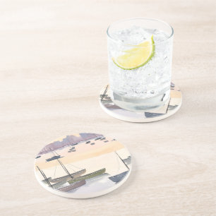 Boat Marina   Watercolor Ocean Bay Coaster